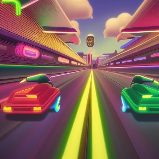 driving rainbow road in mario kart, super mario in a red kar...