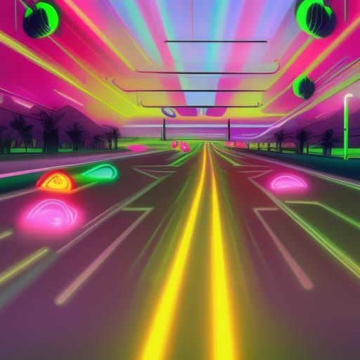 driving rainbow road in mario kart, super mario in a red kar...