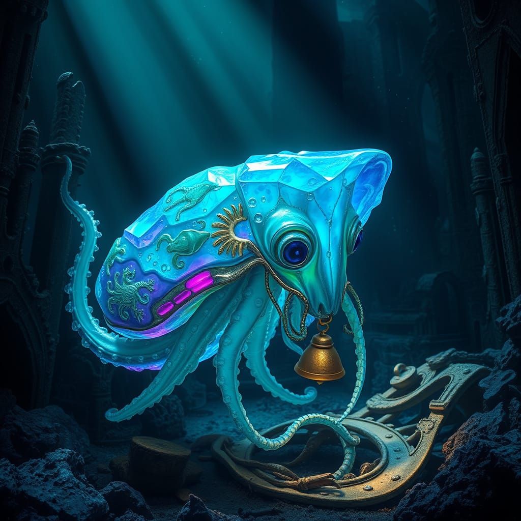 Bioluminescent Squid Exploring Sunken City Ruins
