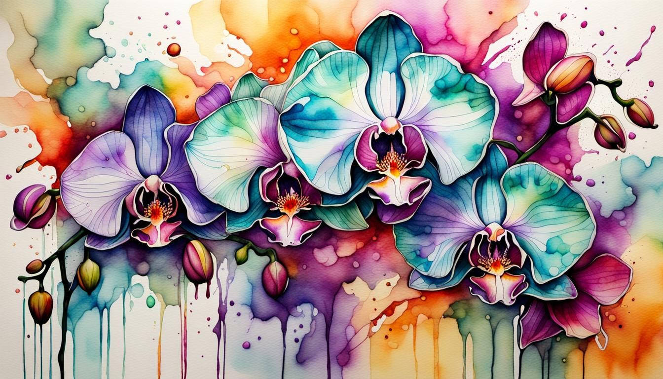 Orchid Flowers in Watercolor with Alcohol Ink