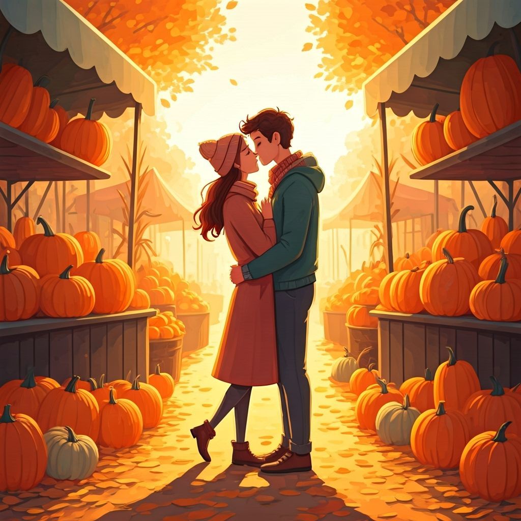 Romantic Kiss in Autumn Pumpkin Market, Dreamy Illustration