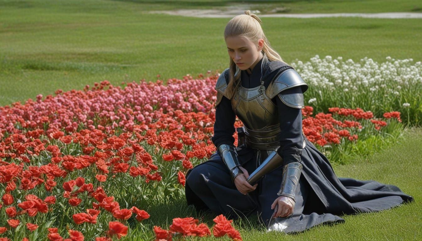 Warrior Contemplates Noble Blooms in Serene Landscape