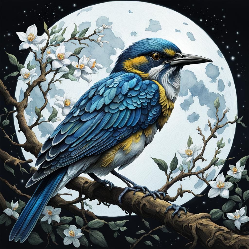 Bird Under the Moon: Surreal Watercolor Art