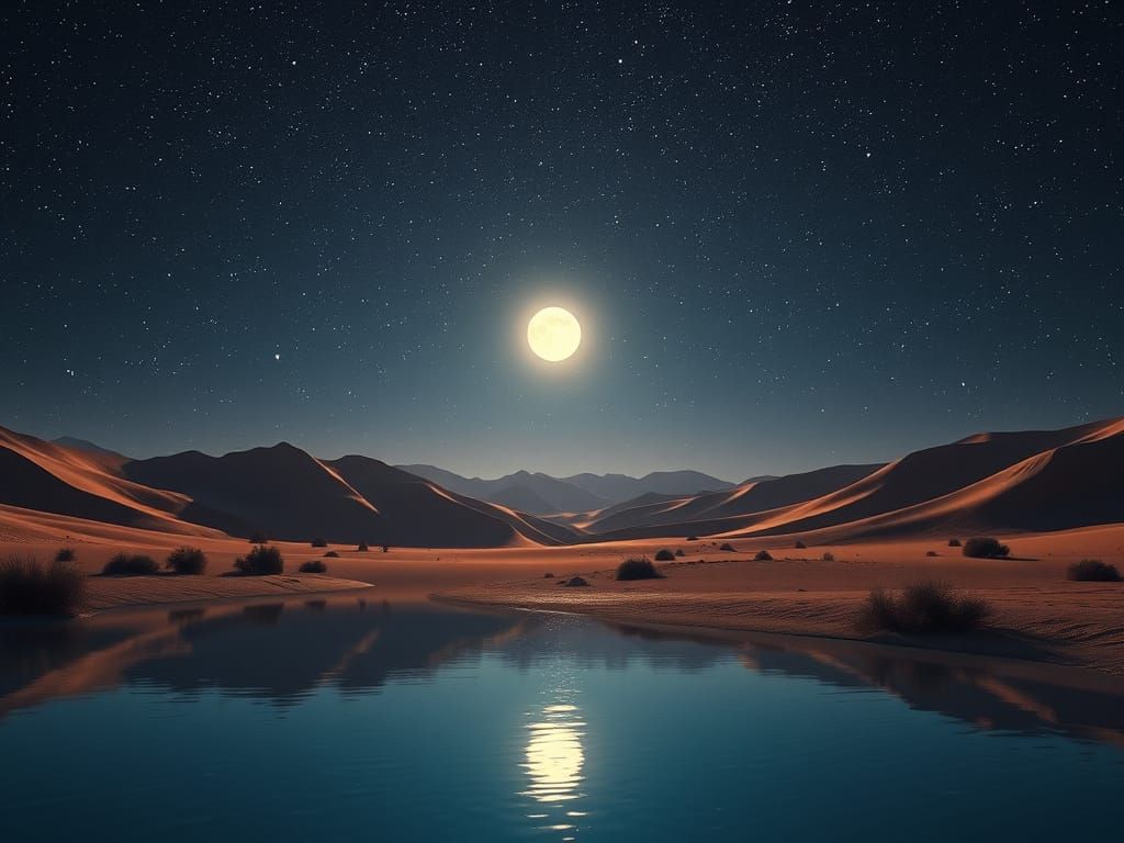 Desert Oasis Under Starry Sky in Cinematic 3D Render