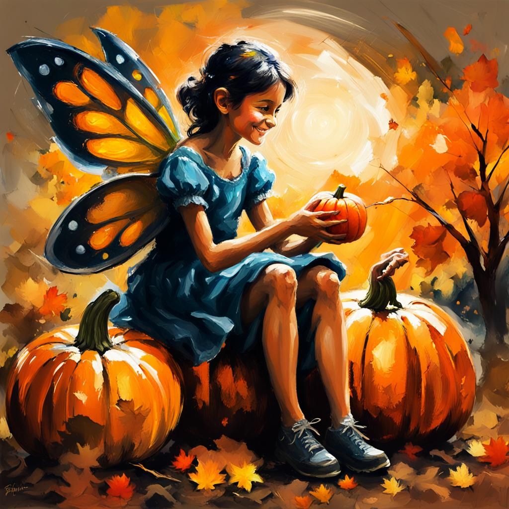 Smiling Fairy on Pumpkin in Noir Autumn Illustration