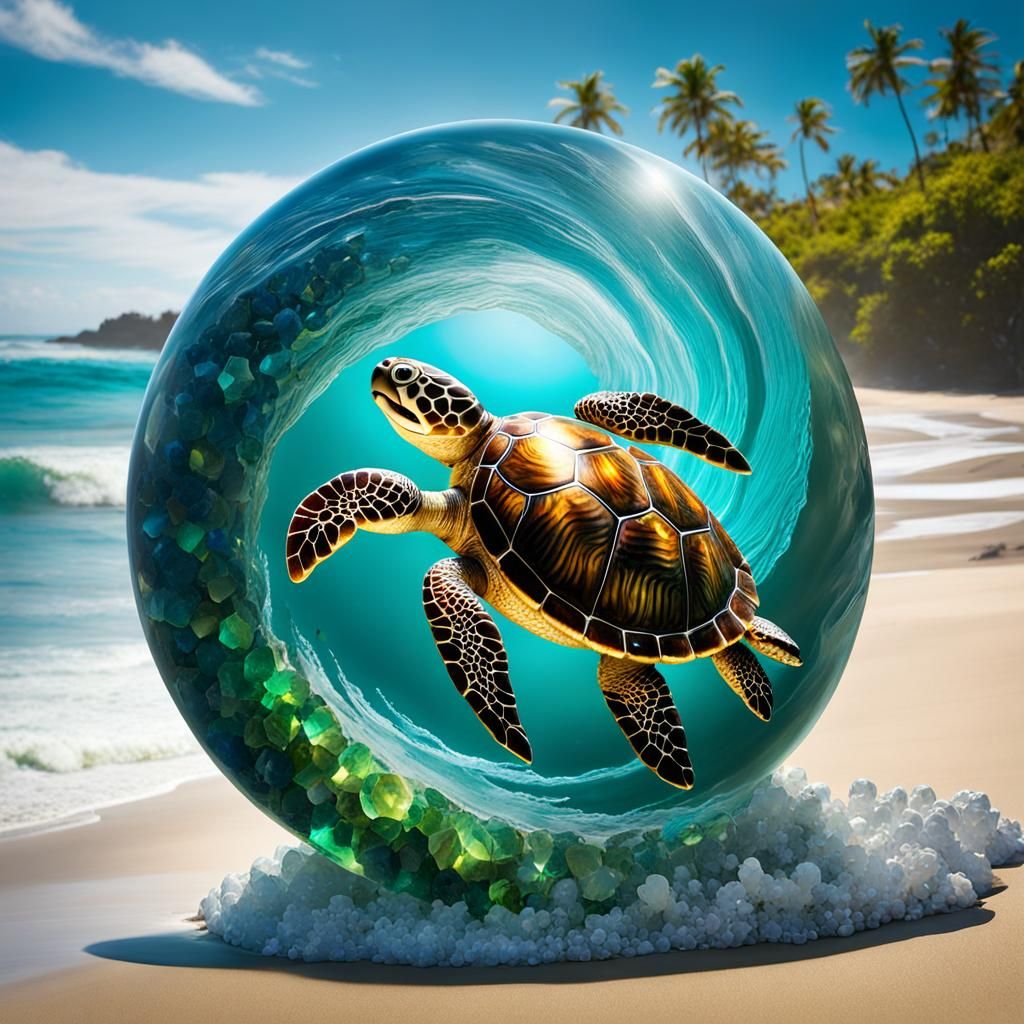 Gemstone Turtle in Ocean Wave: Double Exposure Art