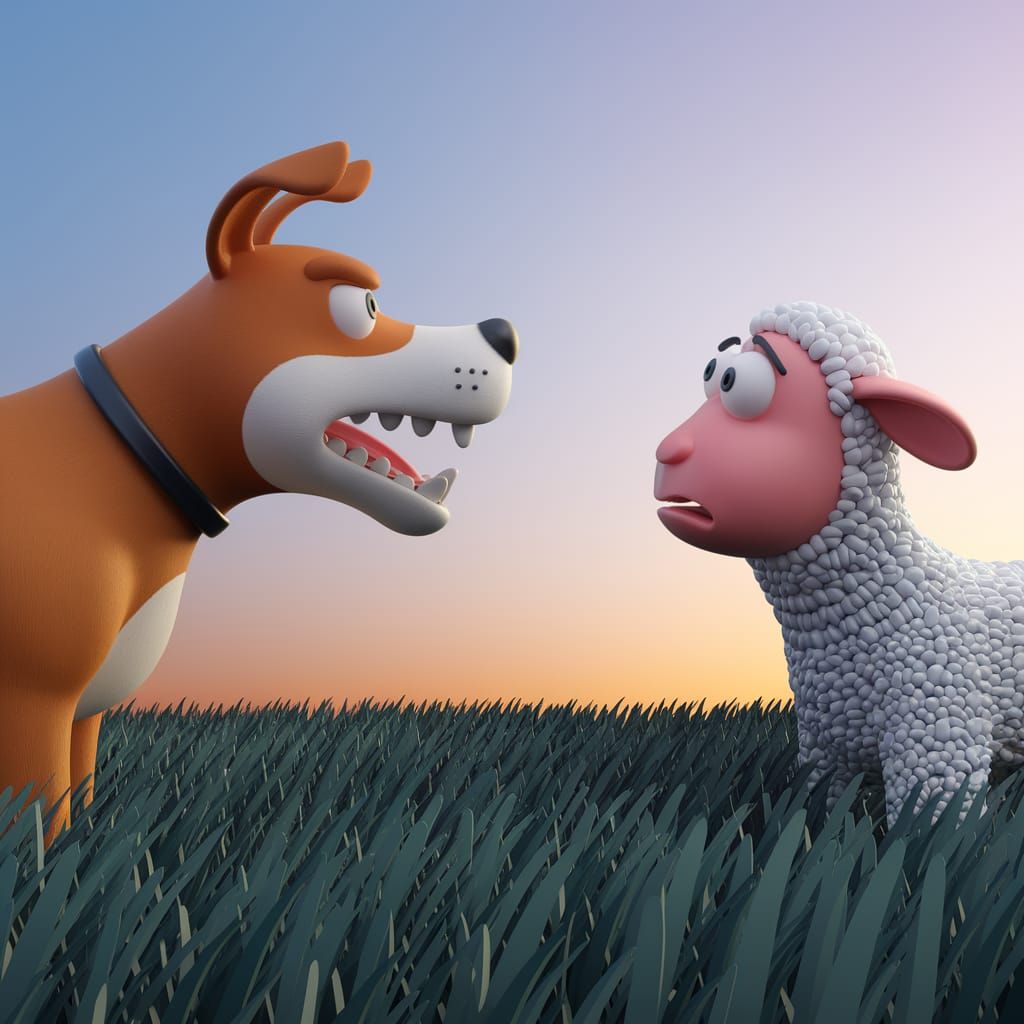 Worried Lamb and Growling Dog in 3D Comic