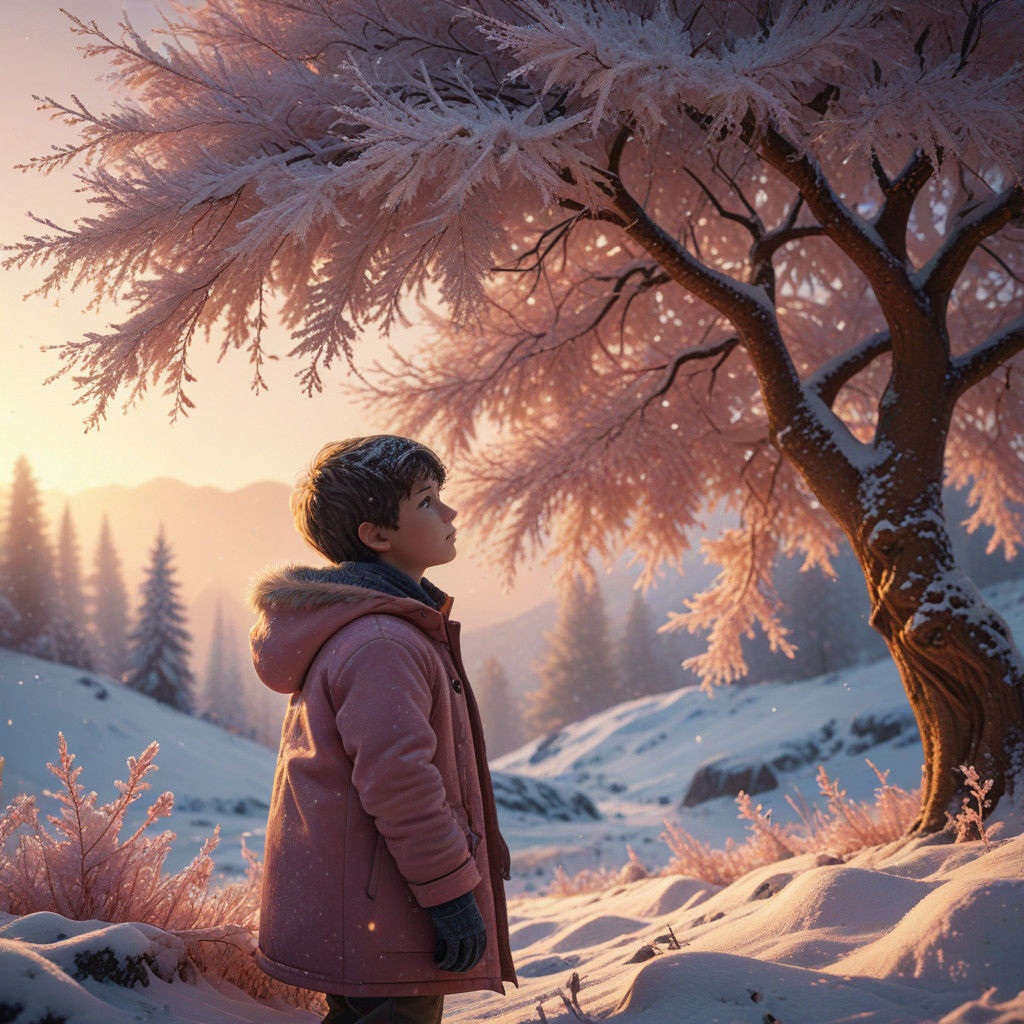 Little Boy Embraced by Majestic Pink Tree in Snowy Golden Ho...
