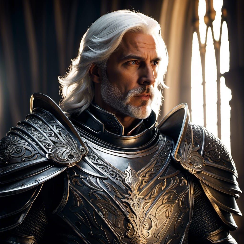 Armored Knight with White Hair in Sunlight