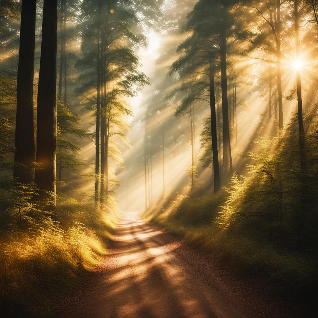 Ethereal Forest Road with Sunlight