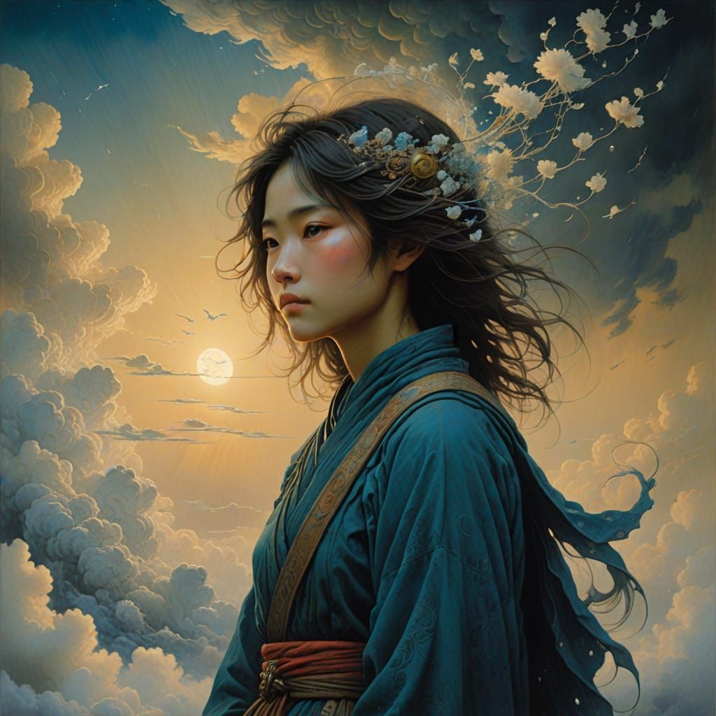 Surreal Deity Surrounded by Whimsical Clouds