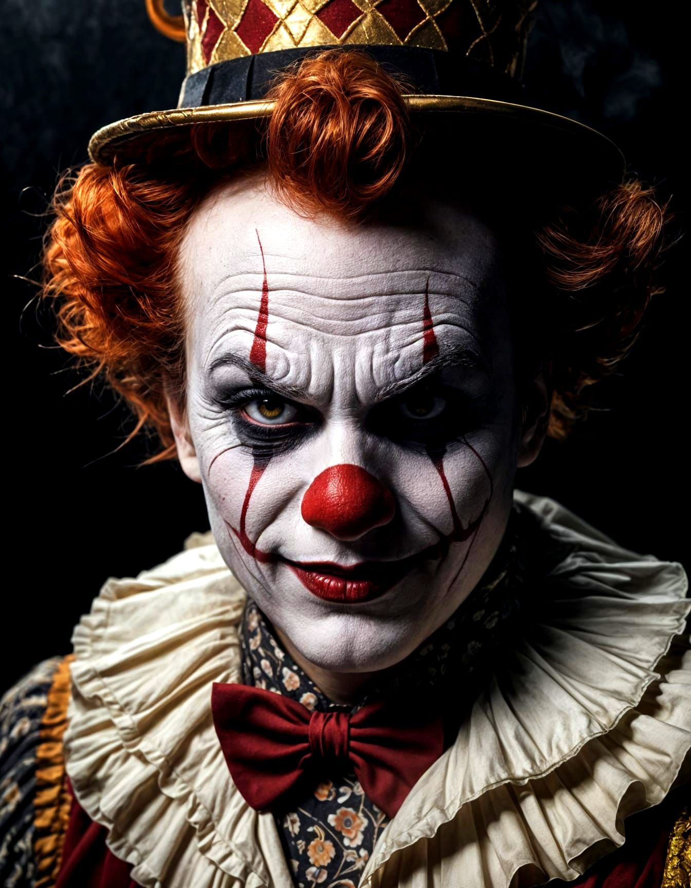 Spooky Elegant Clown Portrait with Dark Red and Black Hallow...