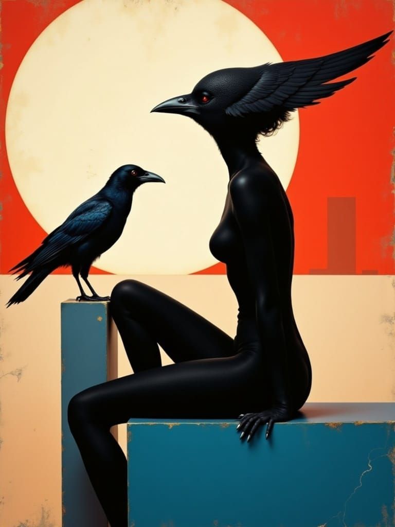 Surreal Woman in Crow Mask Confronts Geometric Abstraction