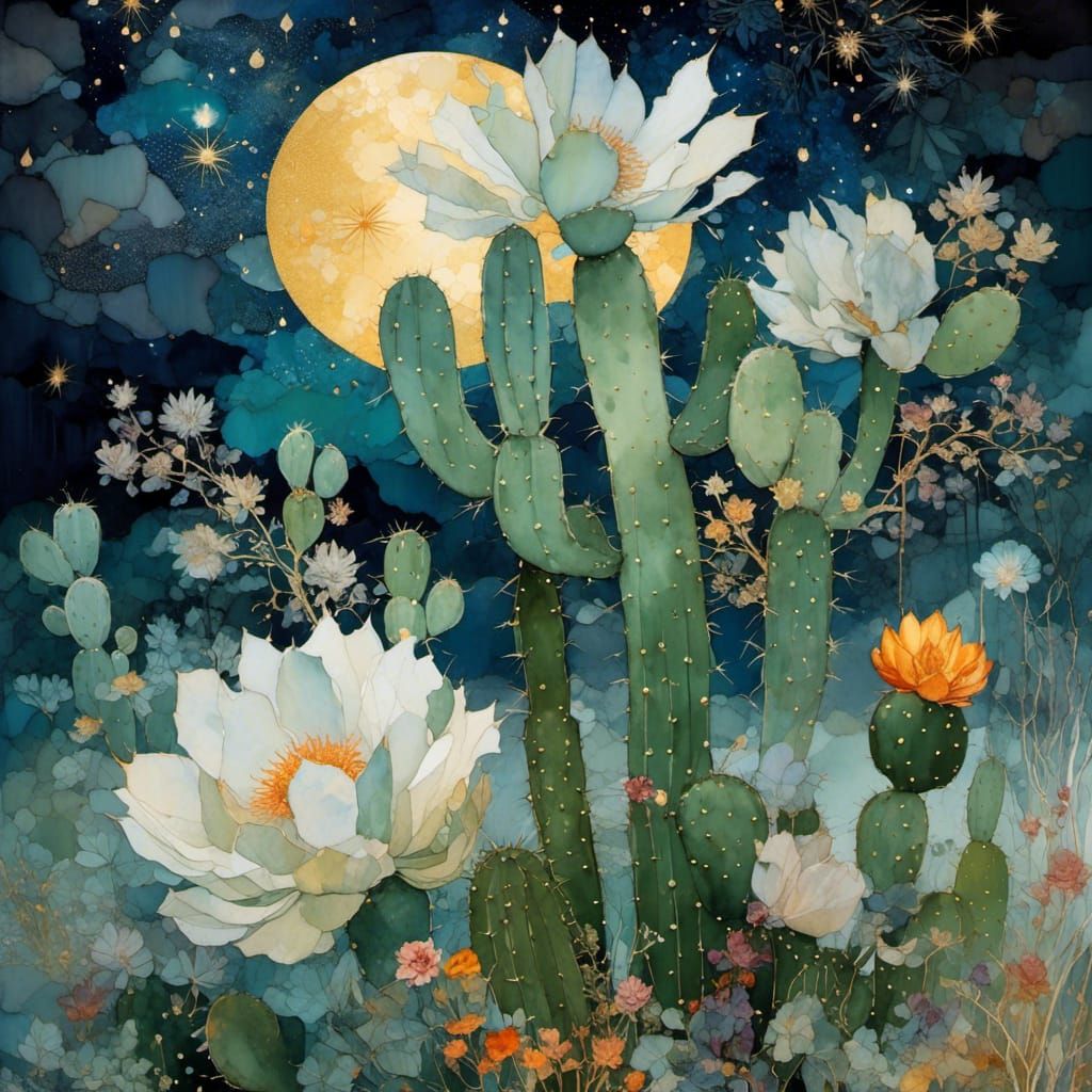 Moonlight Cactus Silhouette with Seasonal Effects