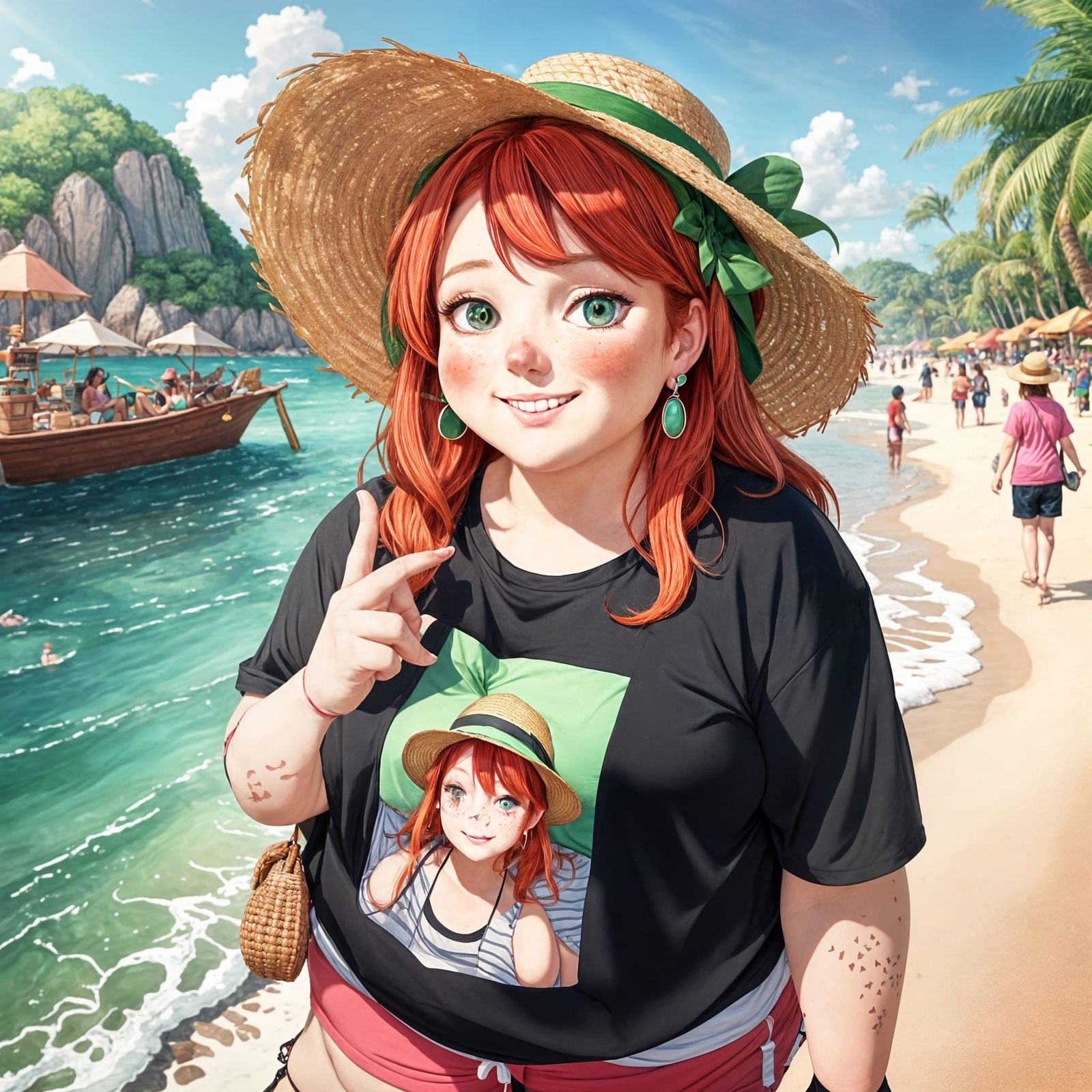 Gorgeous Plus-Sized Lady in Straw Hat on Beachy Day