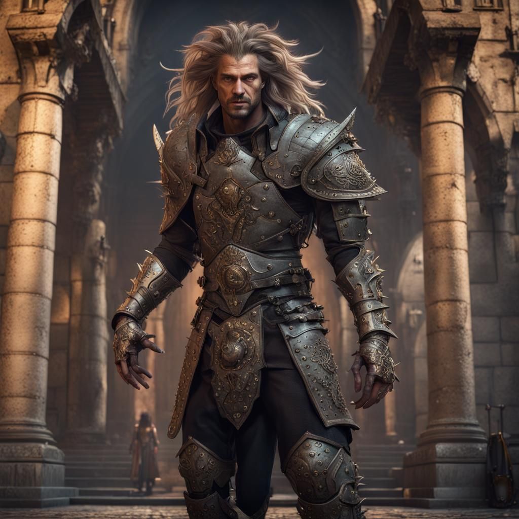 Werewolf-Medusa Hybrid Warrior Outside Medieval Temple