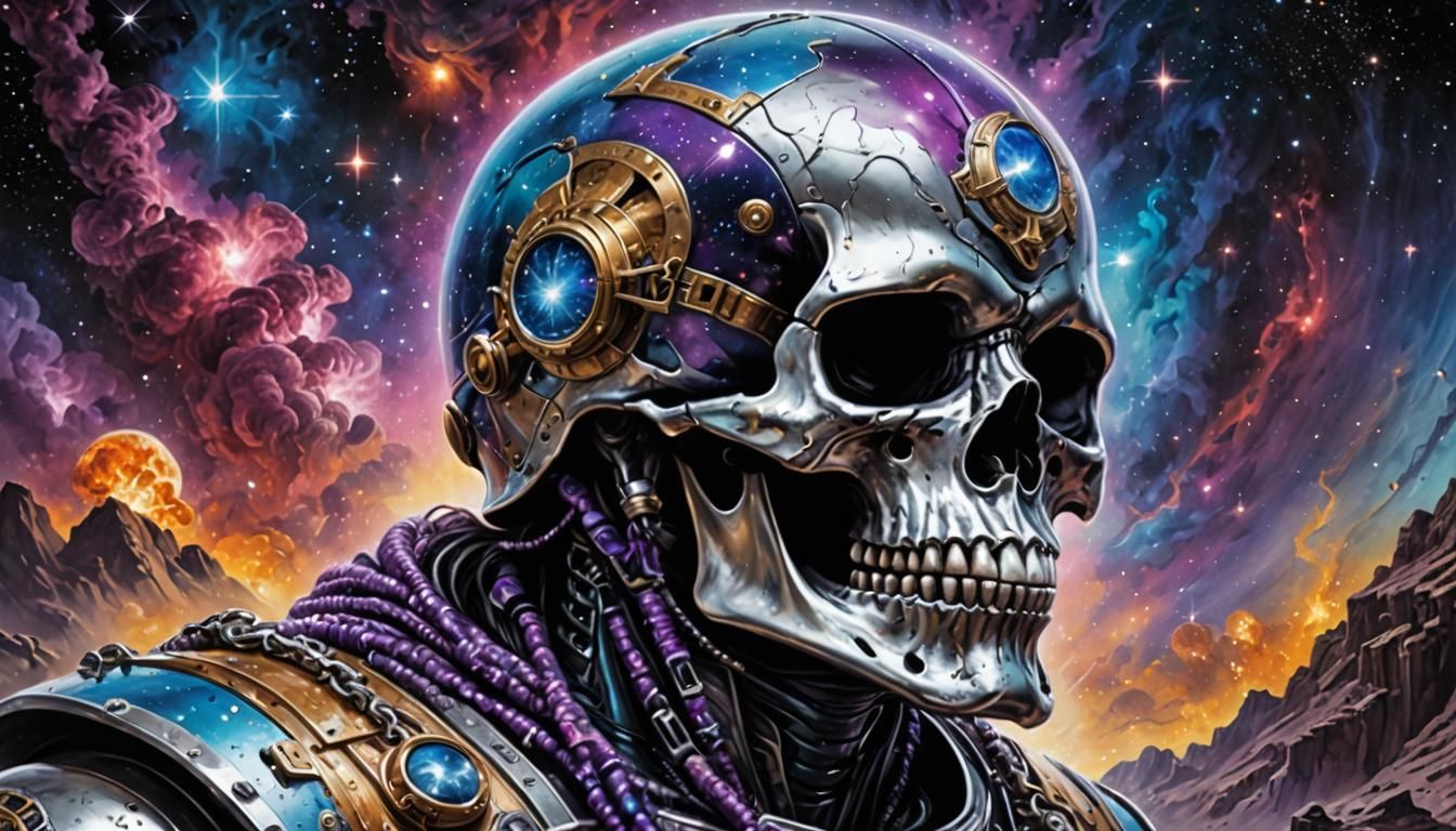 Nebula Viking Skull on Battlefield: Digital Art