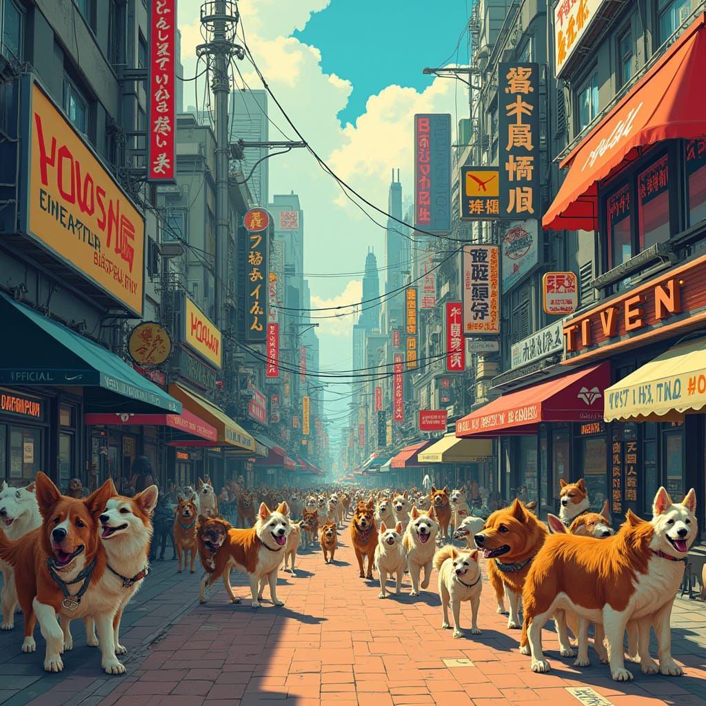 Futuristic City of Dogs in Vibrant, Hyper-Detailed Illustrat...
