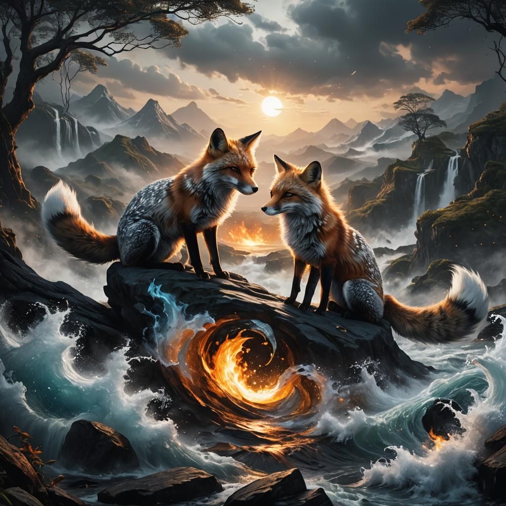 Yin Yang Foxes United in Fire and Water