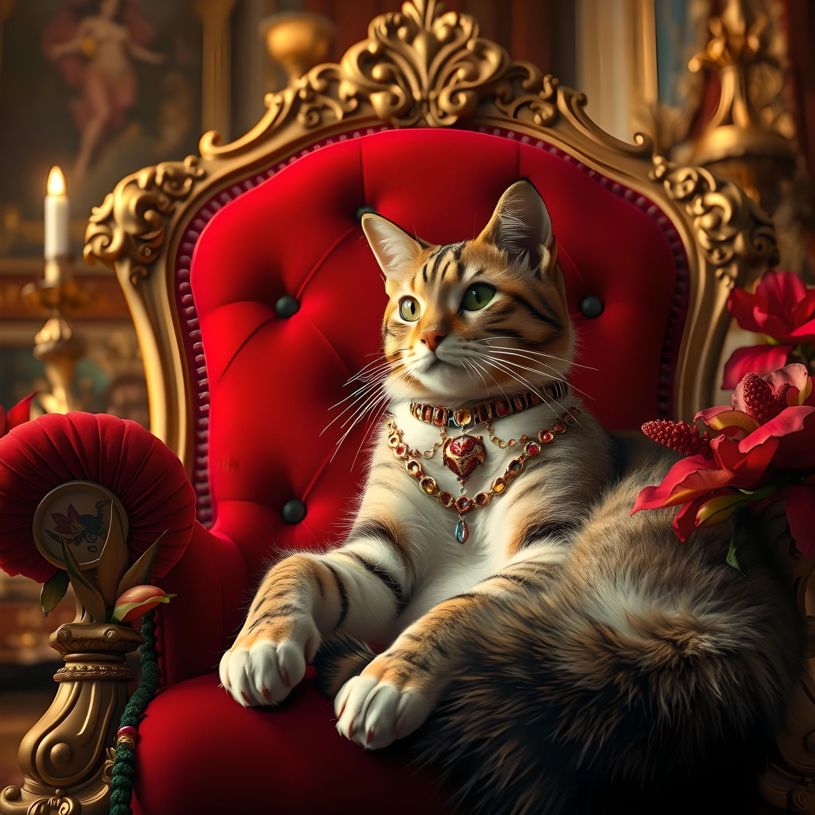 Cat King on Velvet Throne: Photorealistic Image
