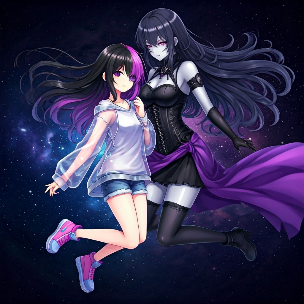 Anime Girls Floating in Space Wallpaper