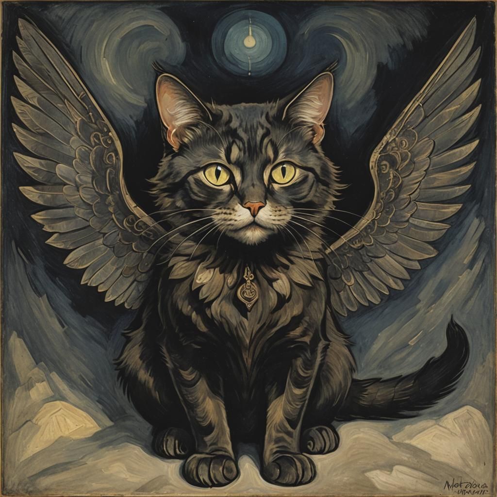 Dramatic Feline Night Flight: A Classic Art Homage