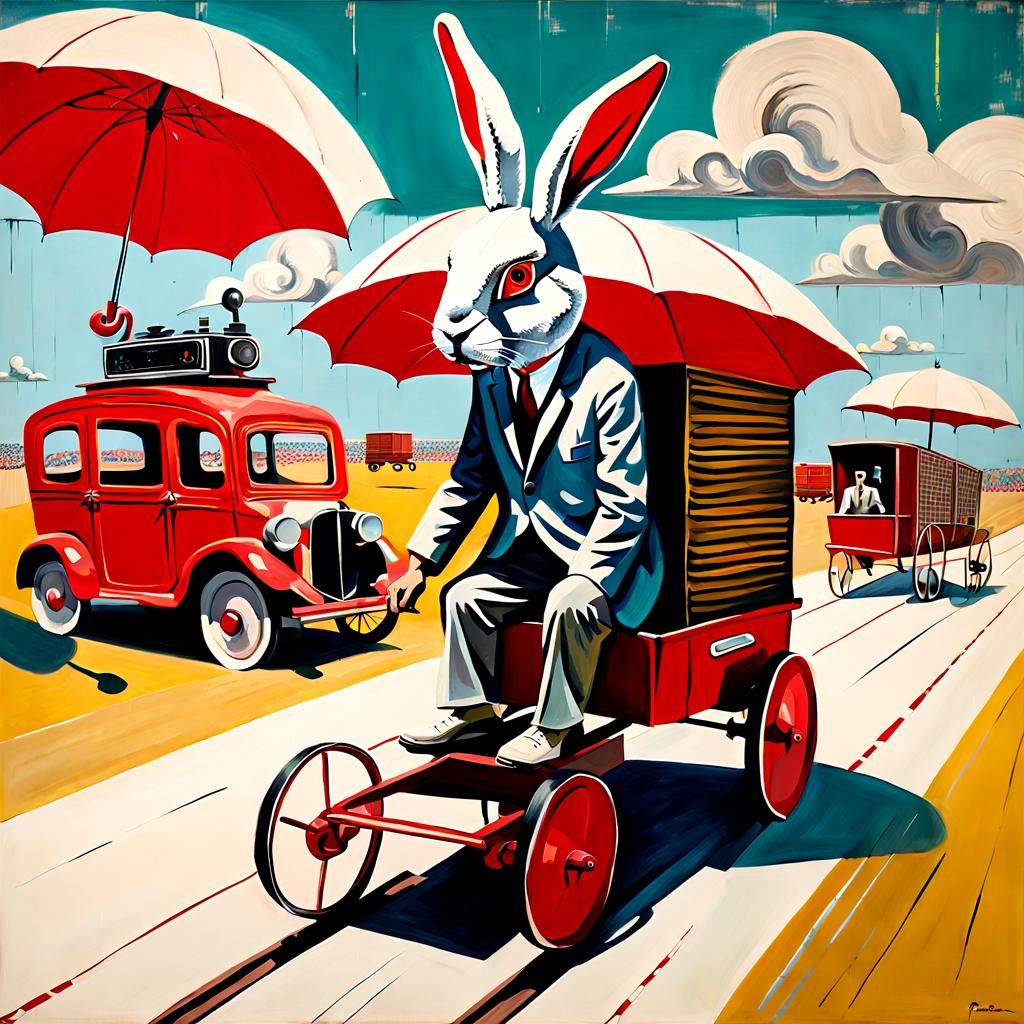 Surreal Rabbit Head Man at Wagon Race as Cubist Collage