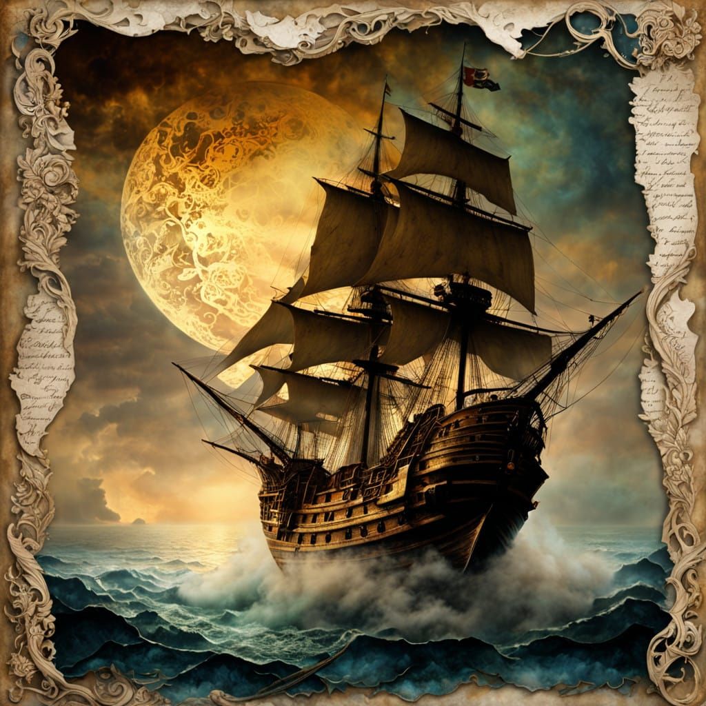 Surrealist Pirate Ship Floats in Mystical Sea