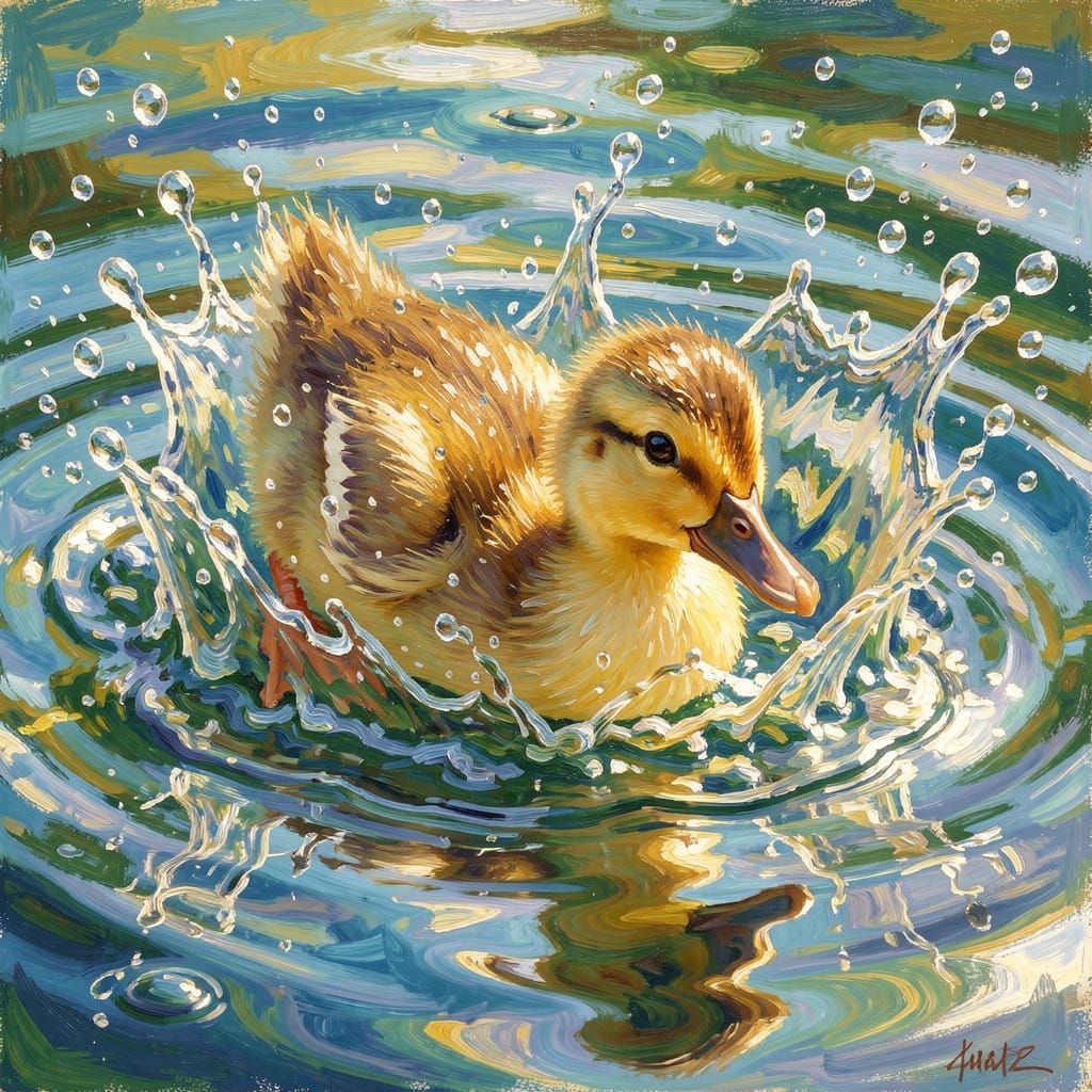Fluffy Duckling Dives into Sparkling Water in Impressionisti...