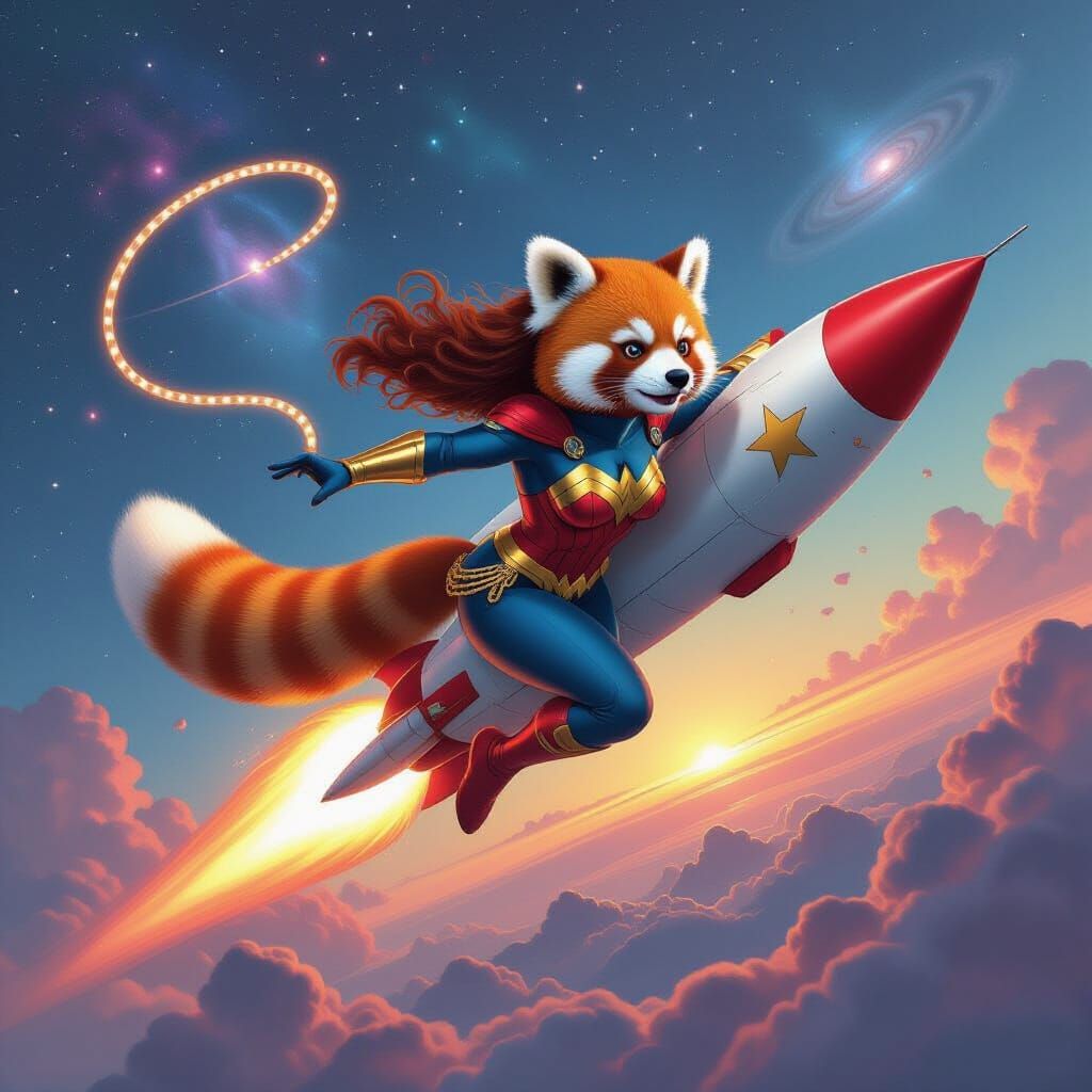 Red Panda Wonder Woman Soaring Through Space