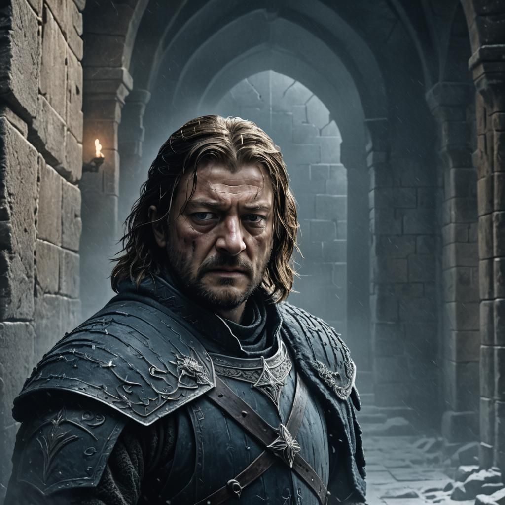 Lord Eddard Stark in Dark Castle Hallway