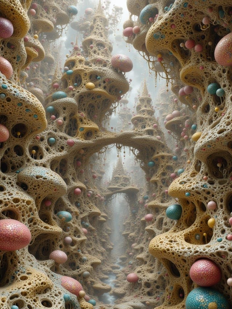 Surreal Protein Cathedral with Golden Nanomachines