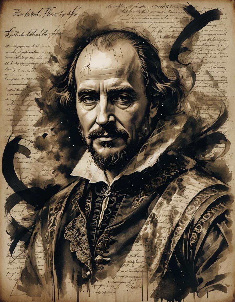 Tired Shakespeare Portrait with Floating Text, Alcohol Ink S...