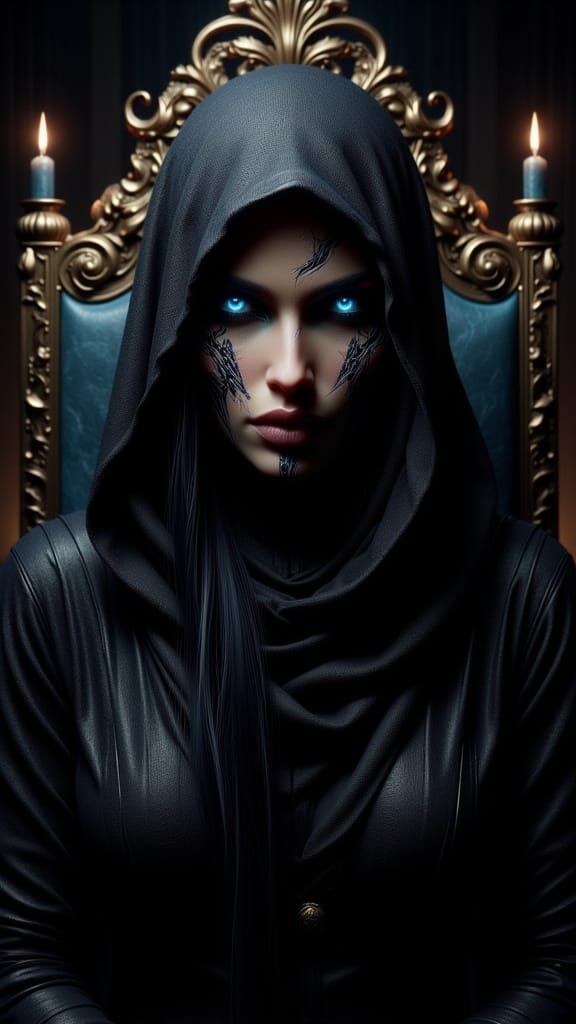 Powerful Woman on Throne in Dark Persian Room