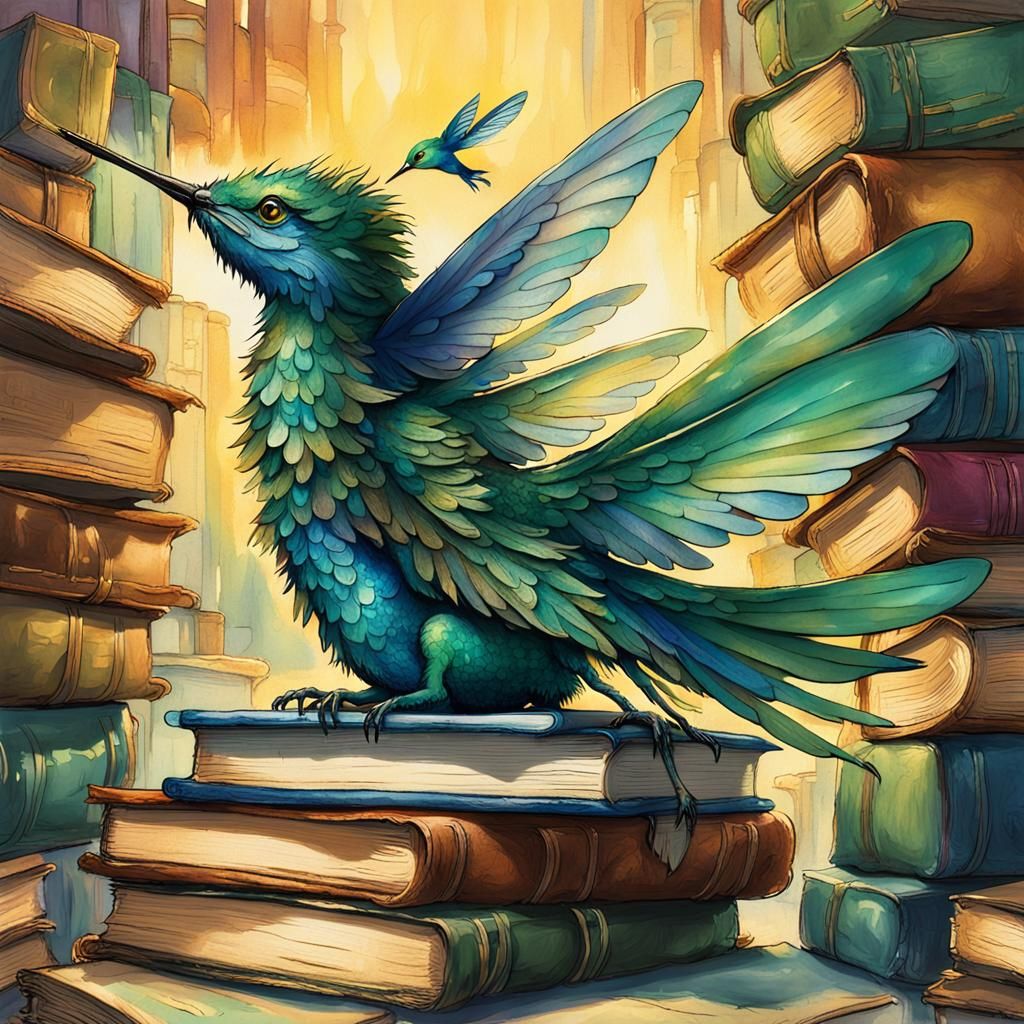 Whimsical Ferret-Hummingbird Hybrid on Books