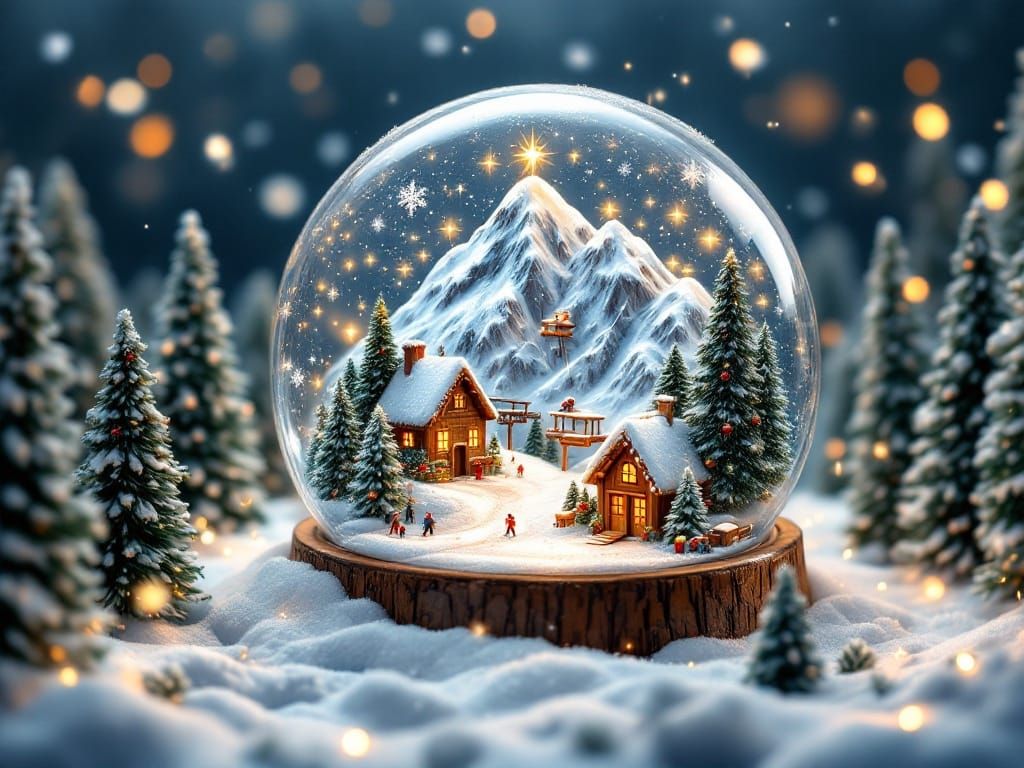 Enchanted Winter Snow Globe Scene in Soft Golden Light