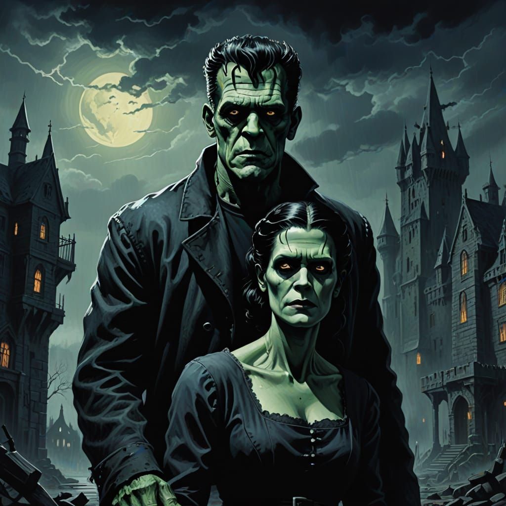 Frankenstein Couple Embrace in Gothic Horror Illustration