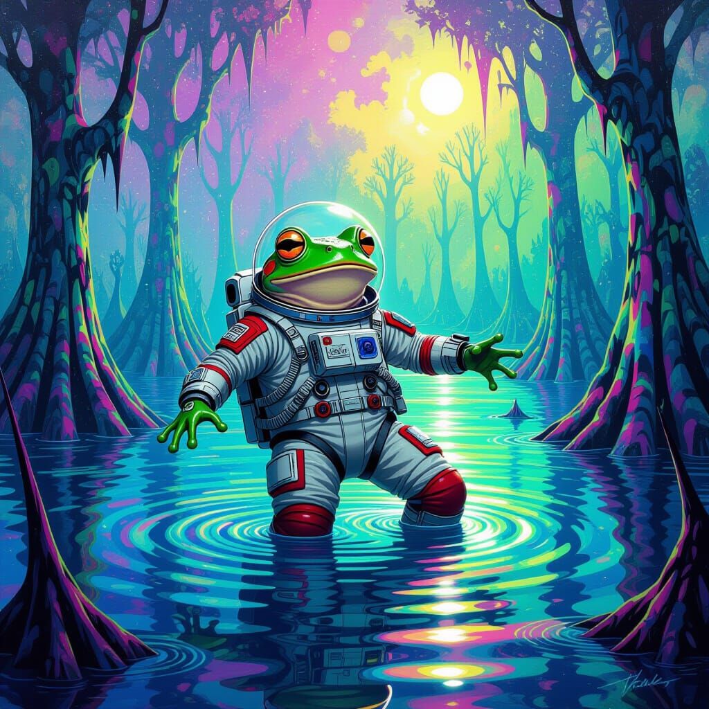 Cosmic Frog in Space Swamp, Surreal Digital Art