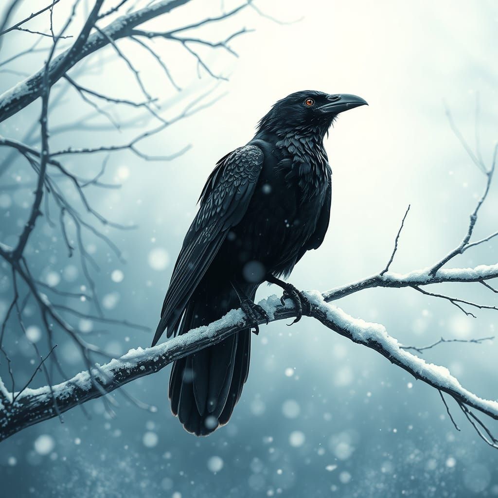 Epic Raven in Snowy Splendor, Digital Matte Painting