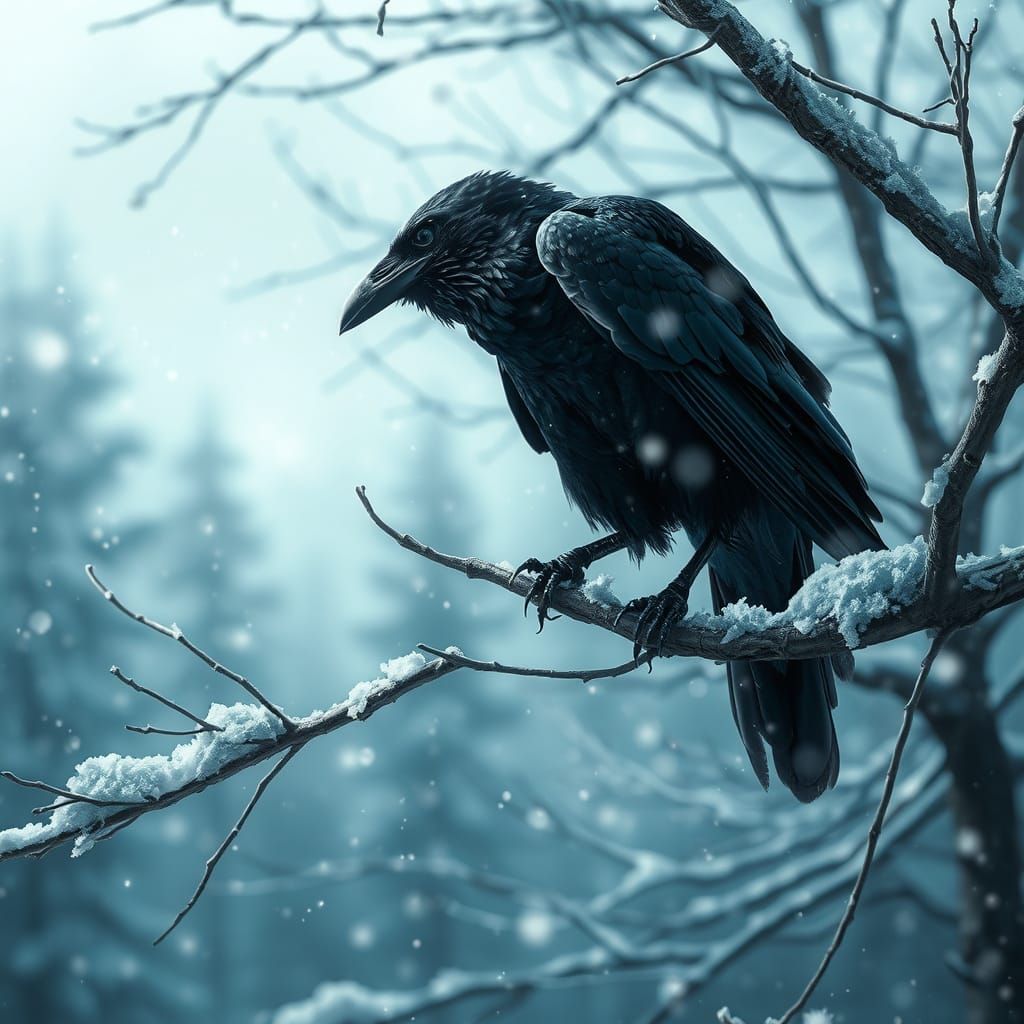 Raven in Majestic Snowy Landscape