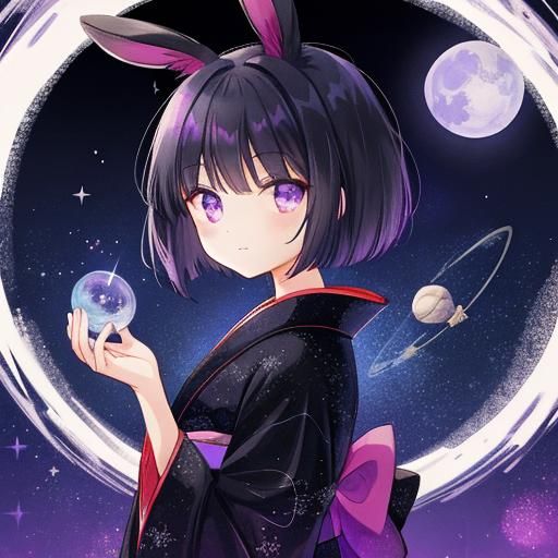 Girl with Rabbit Ears and Moon in Space