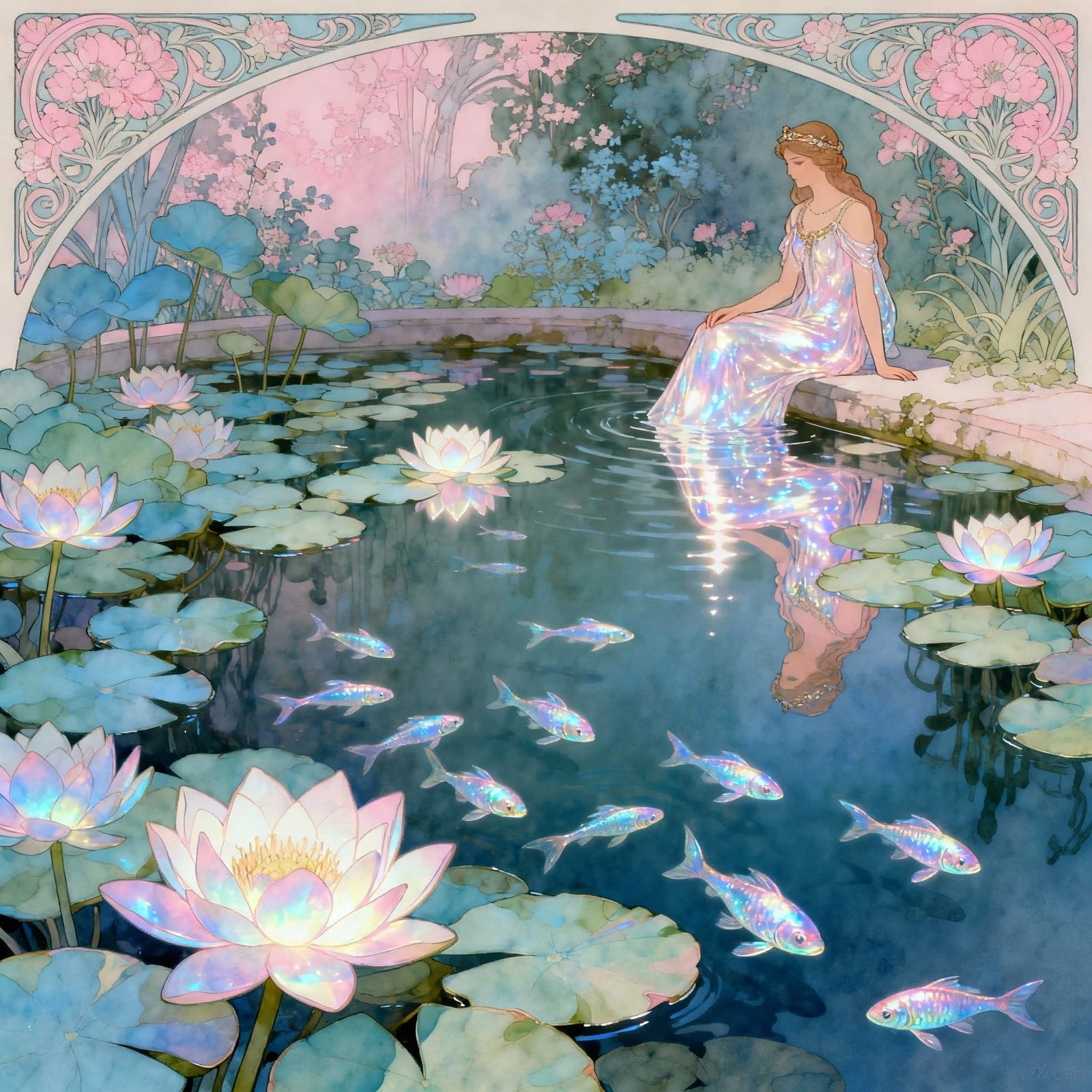 Princess by Luminous Lily Pond in Ancient Garden