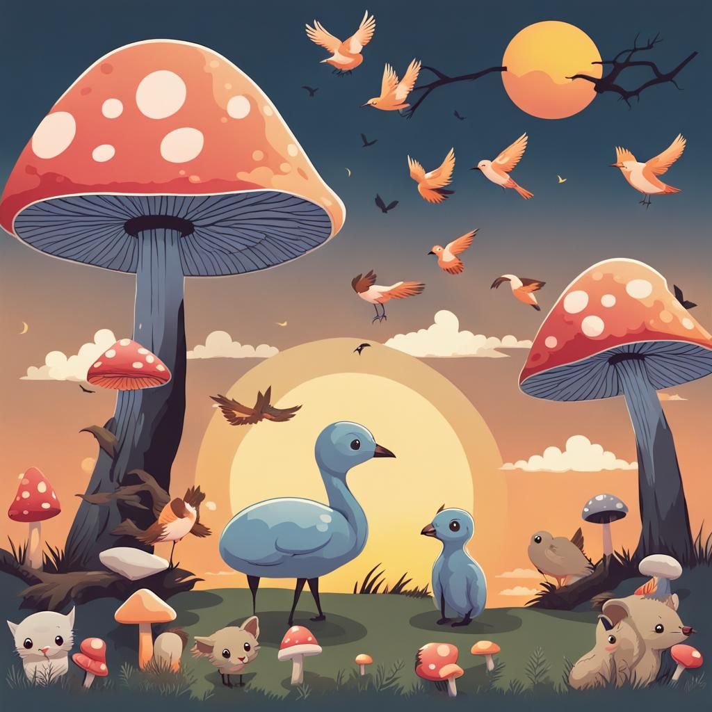 Cute Animals and Mushrooms at Sunset