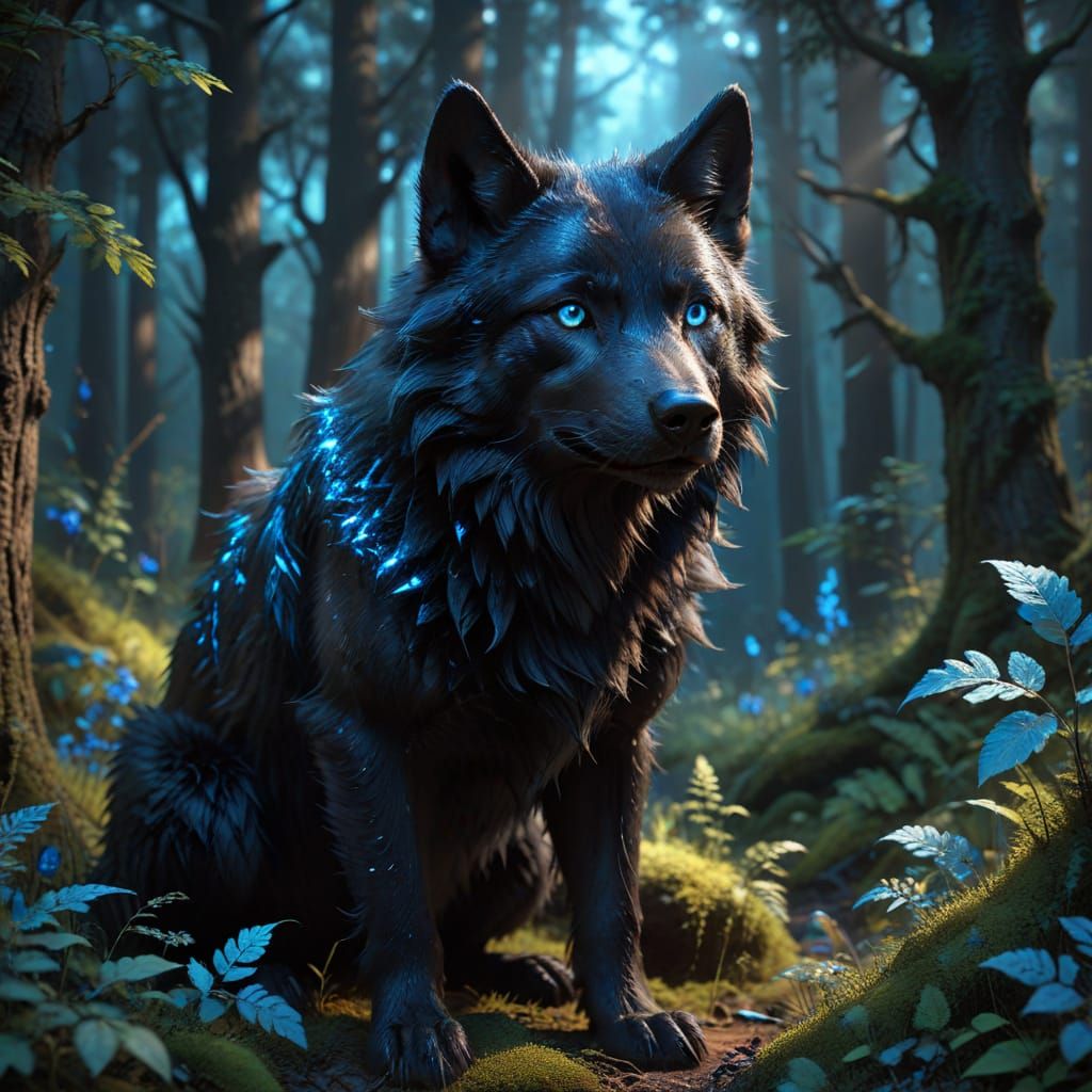 Mega-Cute Black Wolf in Magical Forest