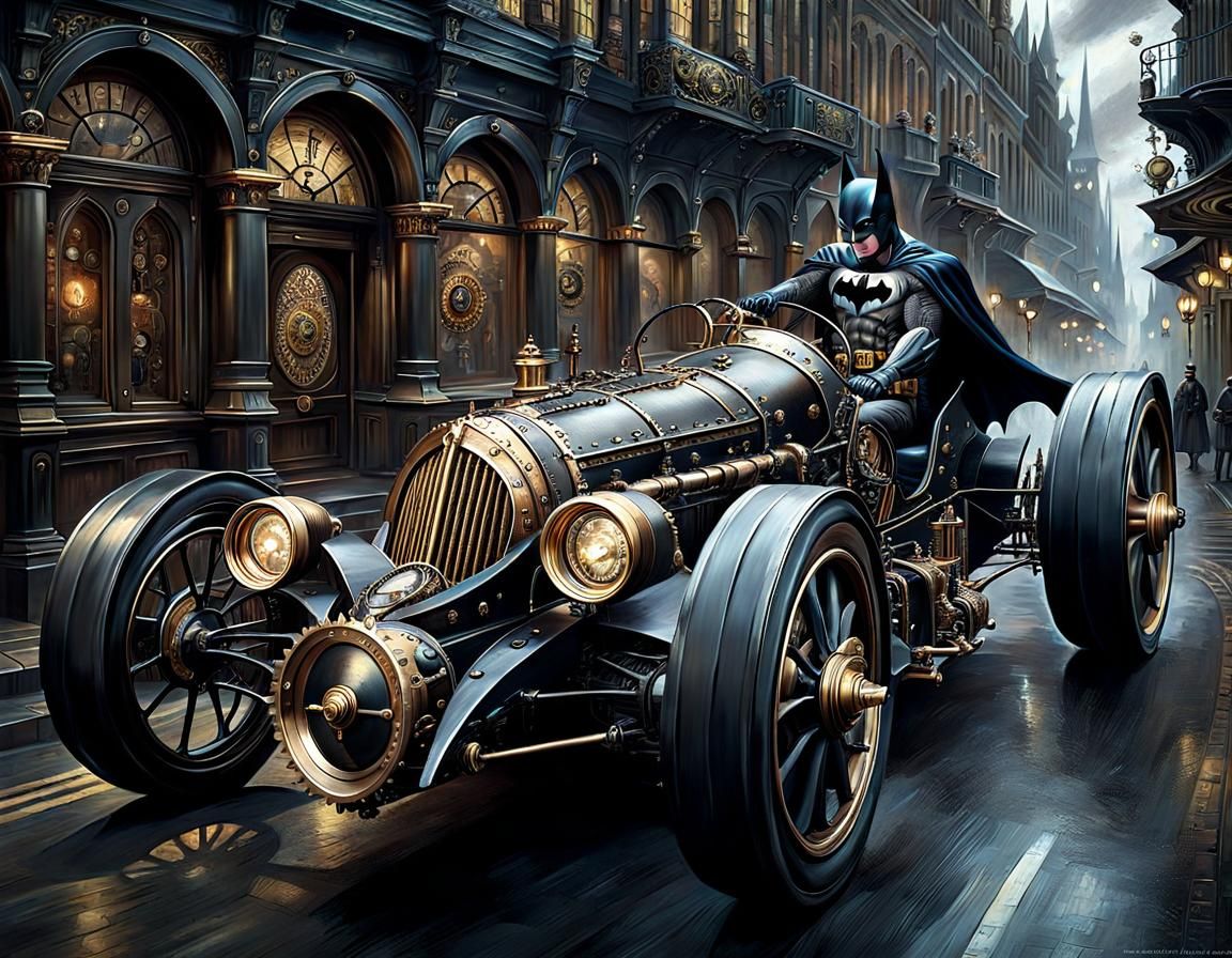 Steampunk Batmobile in Gotham, Detailed Oil Painting