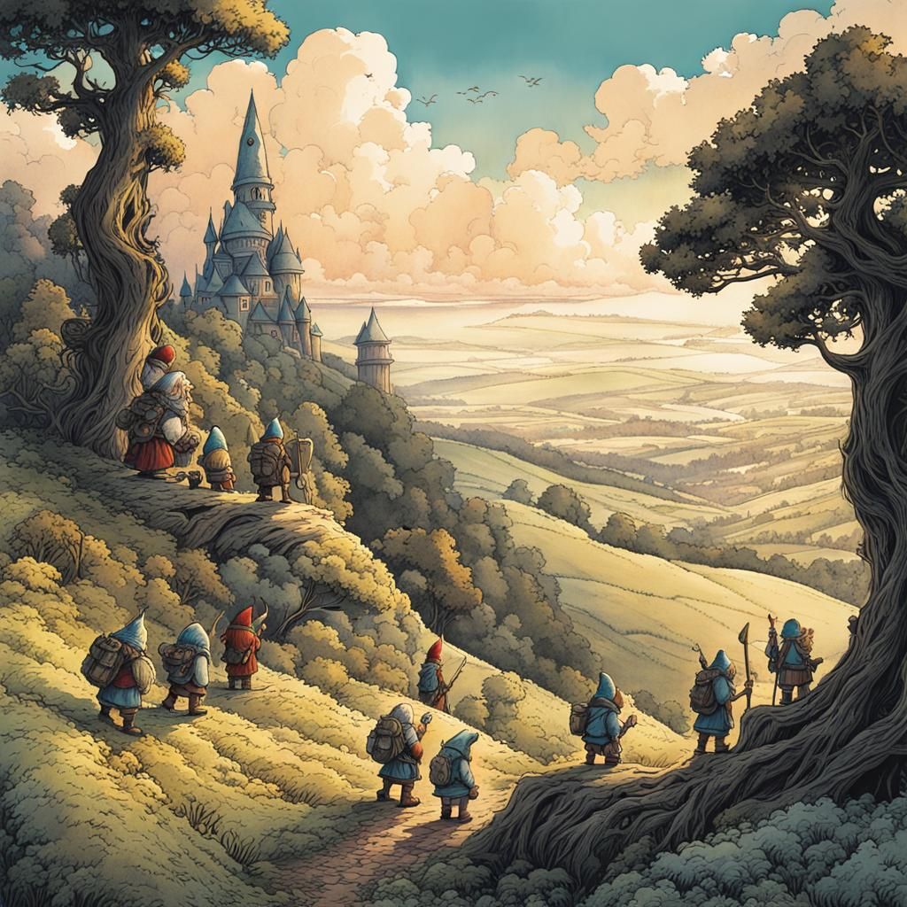 Gnome Tinkerers Overlook Osgiliath: Hand-Drawn Illustration