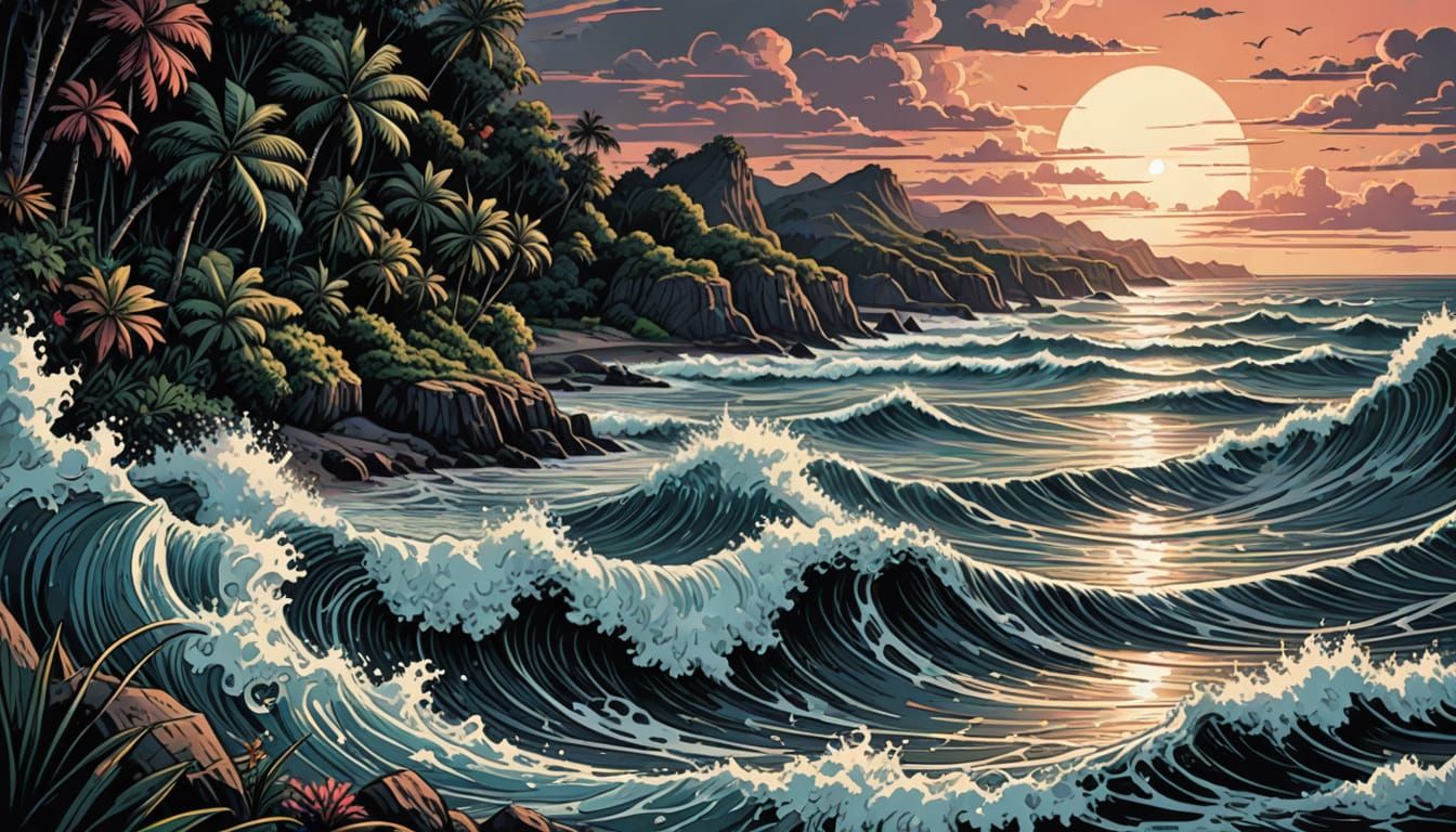 Retro Tropical Beach Scene in Vintage Dungeons and Dragons S...