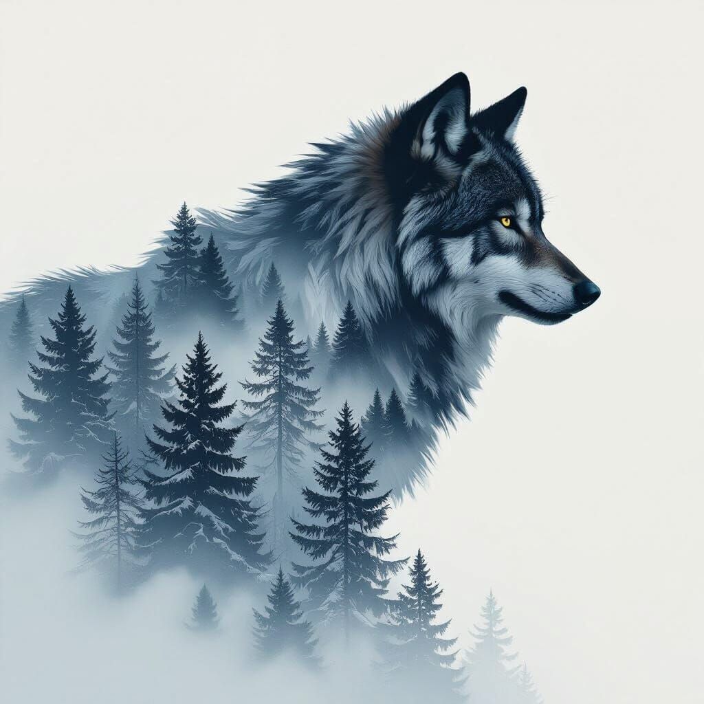 Wolf Silhouette Double Exposure with Snowy Forest