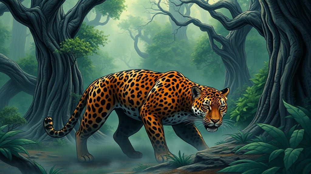 Majestic Jaguar Prowls Through Misty Forest in Epic Comic Bo...