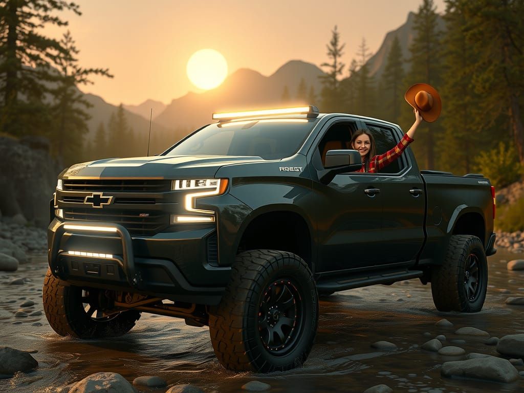 Customized Chevy Silverado Truck Drives Through Creek at Sun...